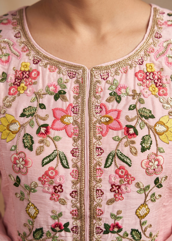 Flamingo Pink Chinon Silk Anarkali Suit with Floral Thread Artistry