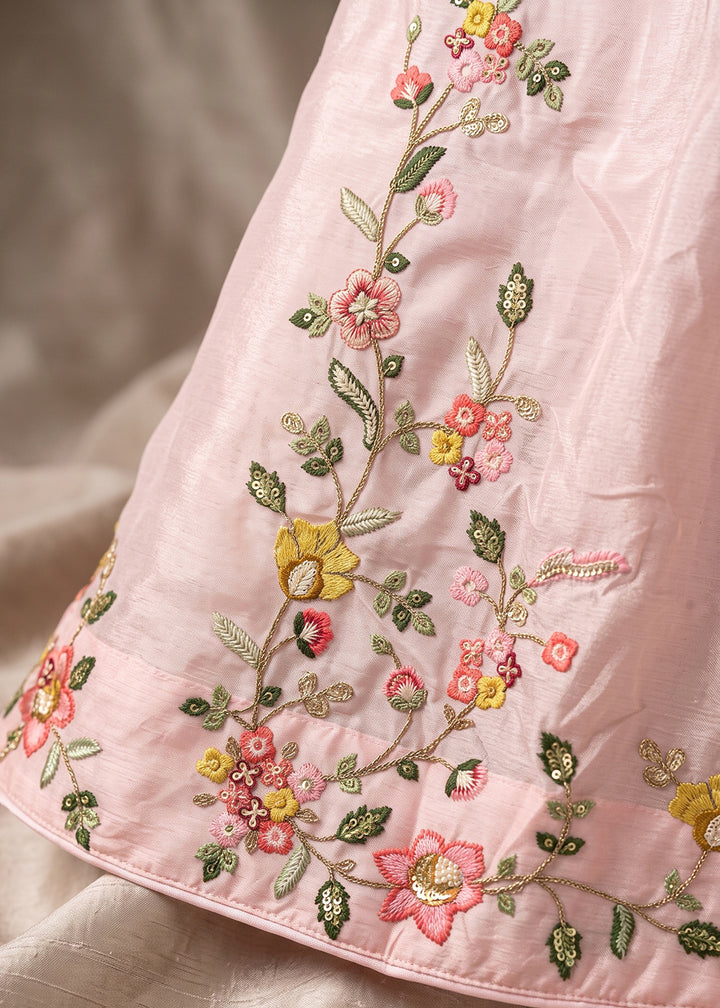 Flamingo Pink Chinon Silk Anarkali Suit with Floral Thread Artistry