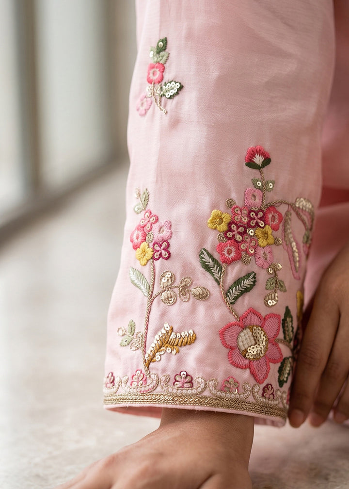 Flamingo Pink Chinon Silk Anarkali Suit with Floral Thread Artistry