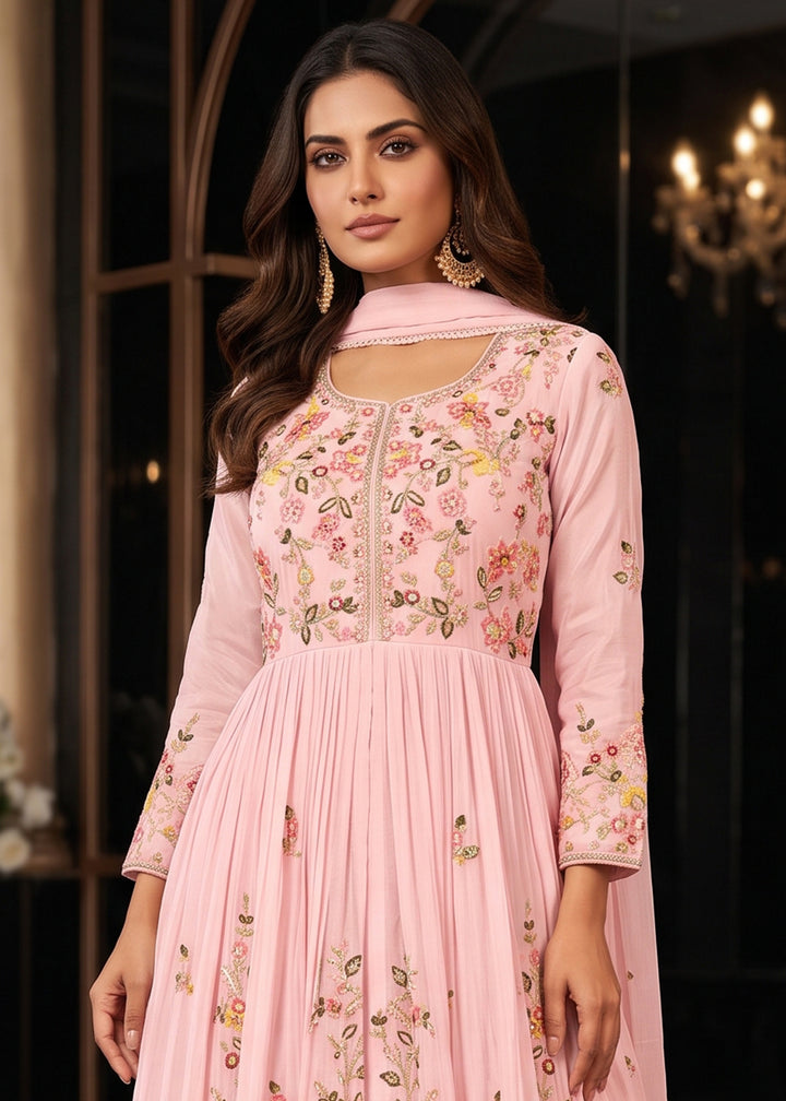 Flamingo Pink Chinon Silk Anarkali Suit with Floral Thread Artistry