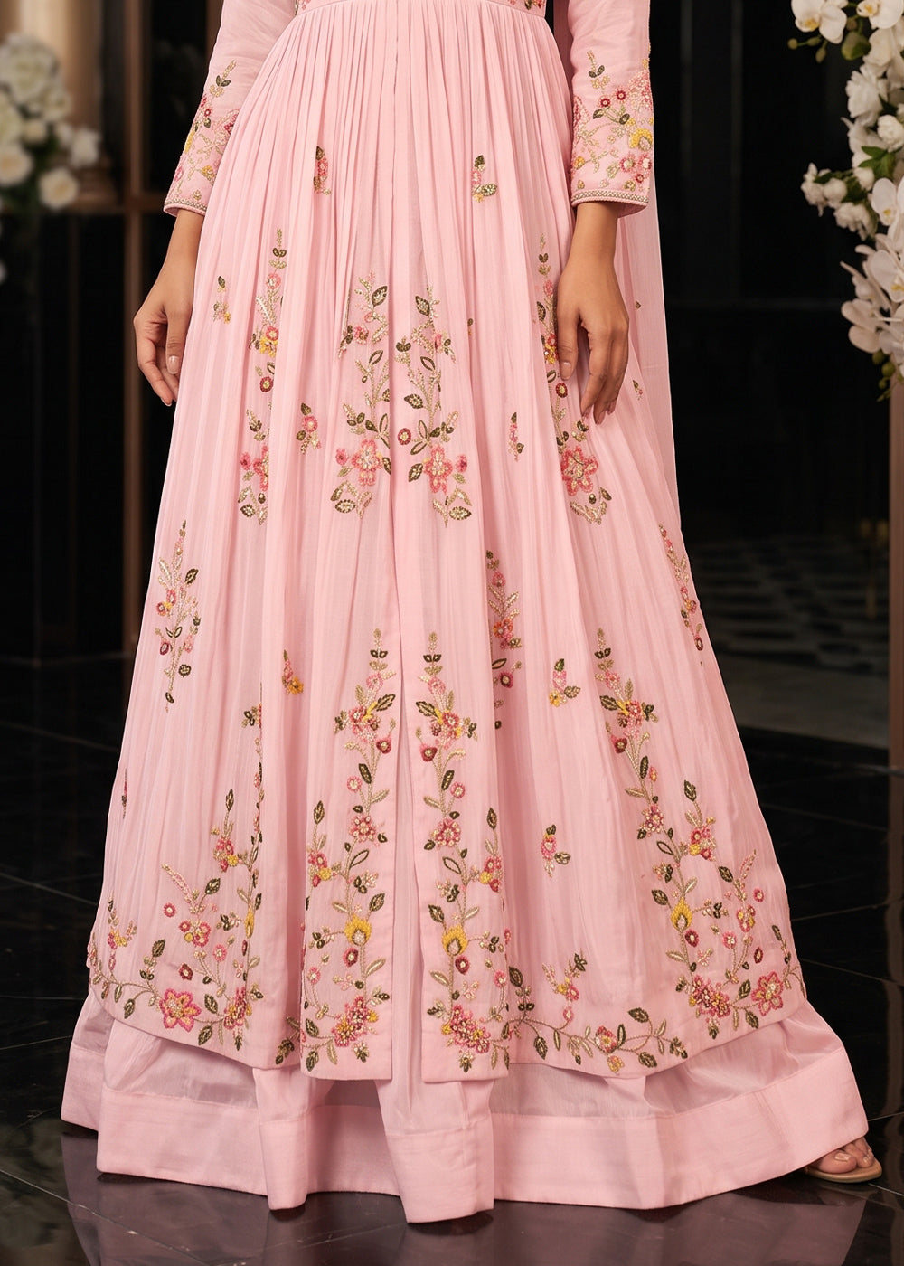 Flamingo Pink Chinon Silk Anarkali Suit with Floral Thread Artistry