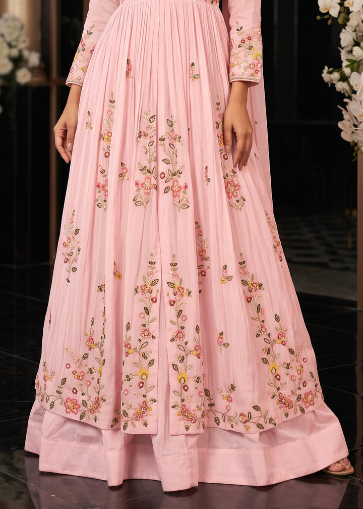 Flamingo Pink Chinon Silk Anarkali Suit with Floral Thread Artistry