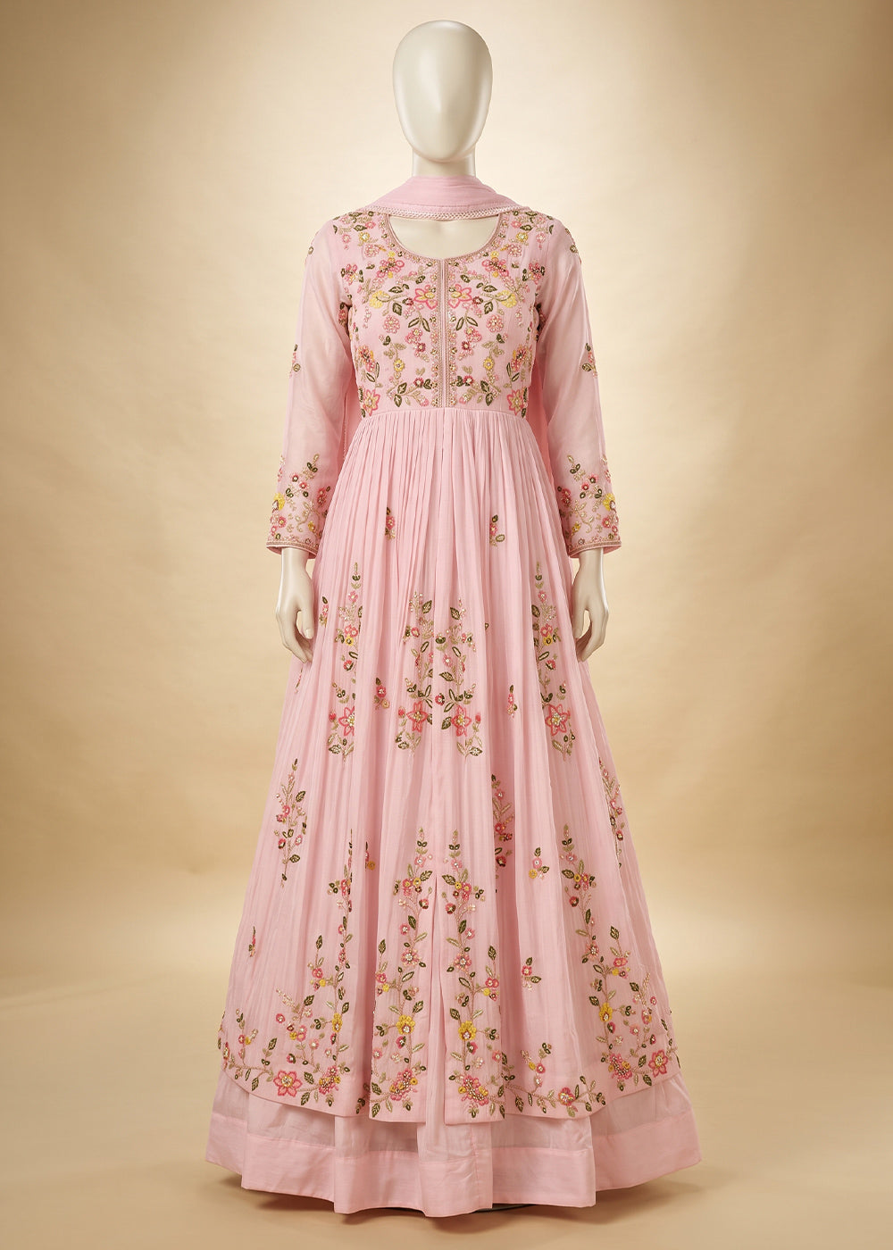 Flamingo Pink Chinon Silk Anarkali Suit with Floral Thread Artistry
