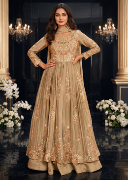 Light Brown Chinon Silk Anarkali Suit with Floral Thread Artistry