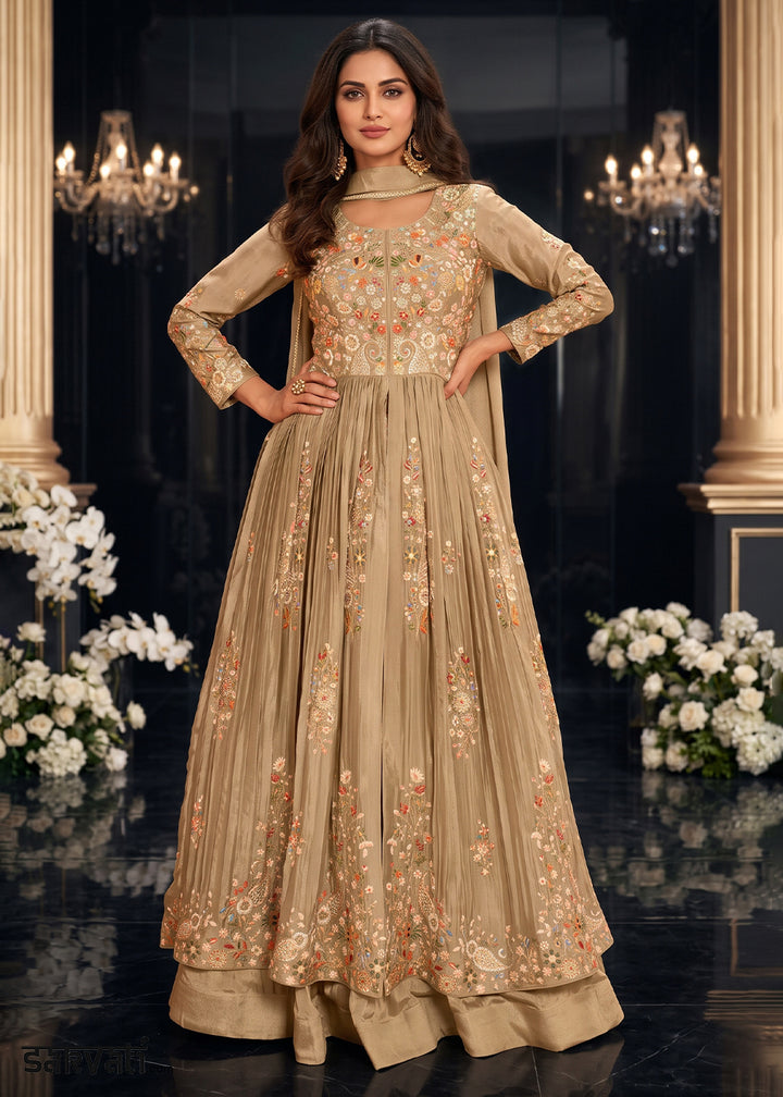Light Brown Chinon Silk Anarkali Suit with Floral Thread Artistry