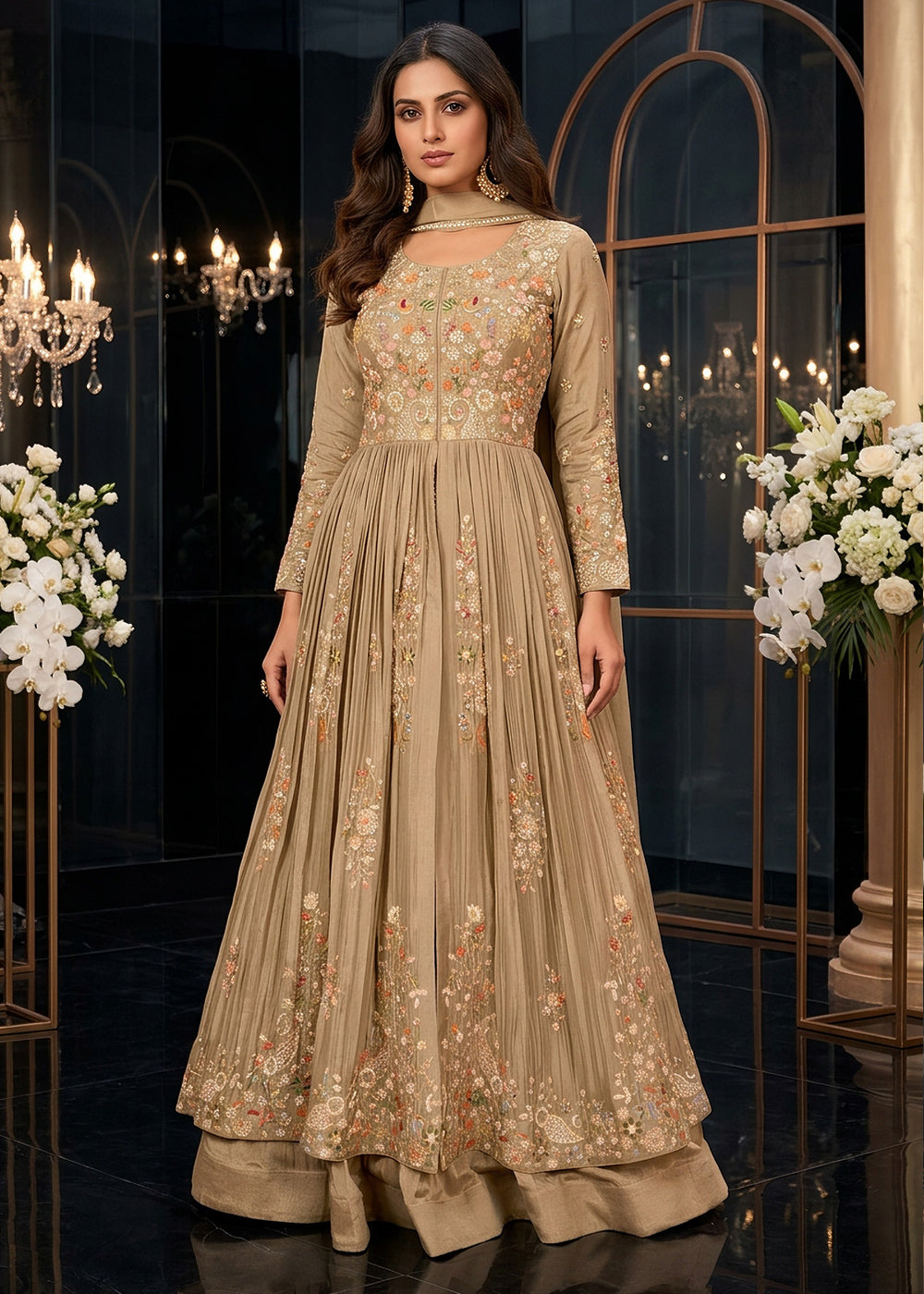 Light Brown Chinon Silk Anarkali Suit with Floral Thread Artistry