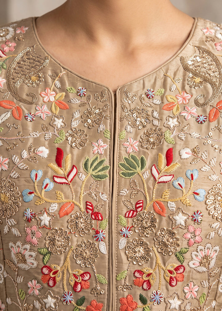 Light Brown Chinon Silk Anarkali Suit with Floral Thread Artistry