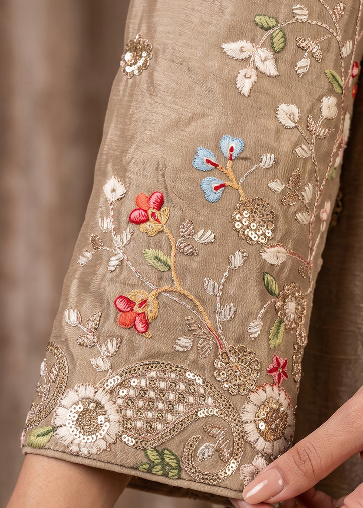 Light Brown Chinon Silk Anarkali Suit with Floral Thread Artistry