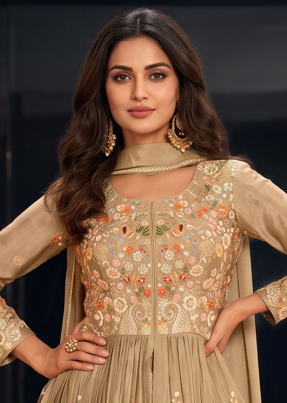 Light Brown Chinon Silk Anarkali Suit with Floral Thread Artistry