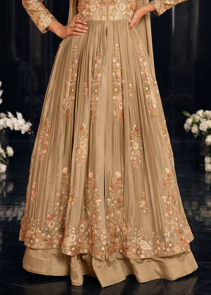 Light Brown Chinon Silk Anarkali Suit with Floral Thread Artistry