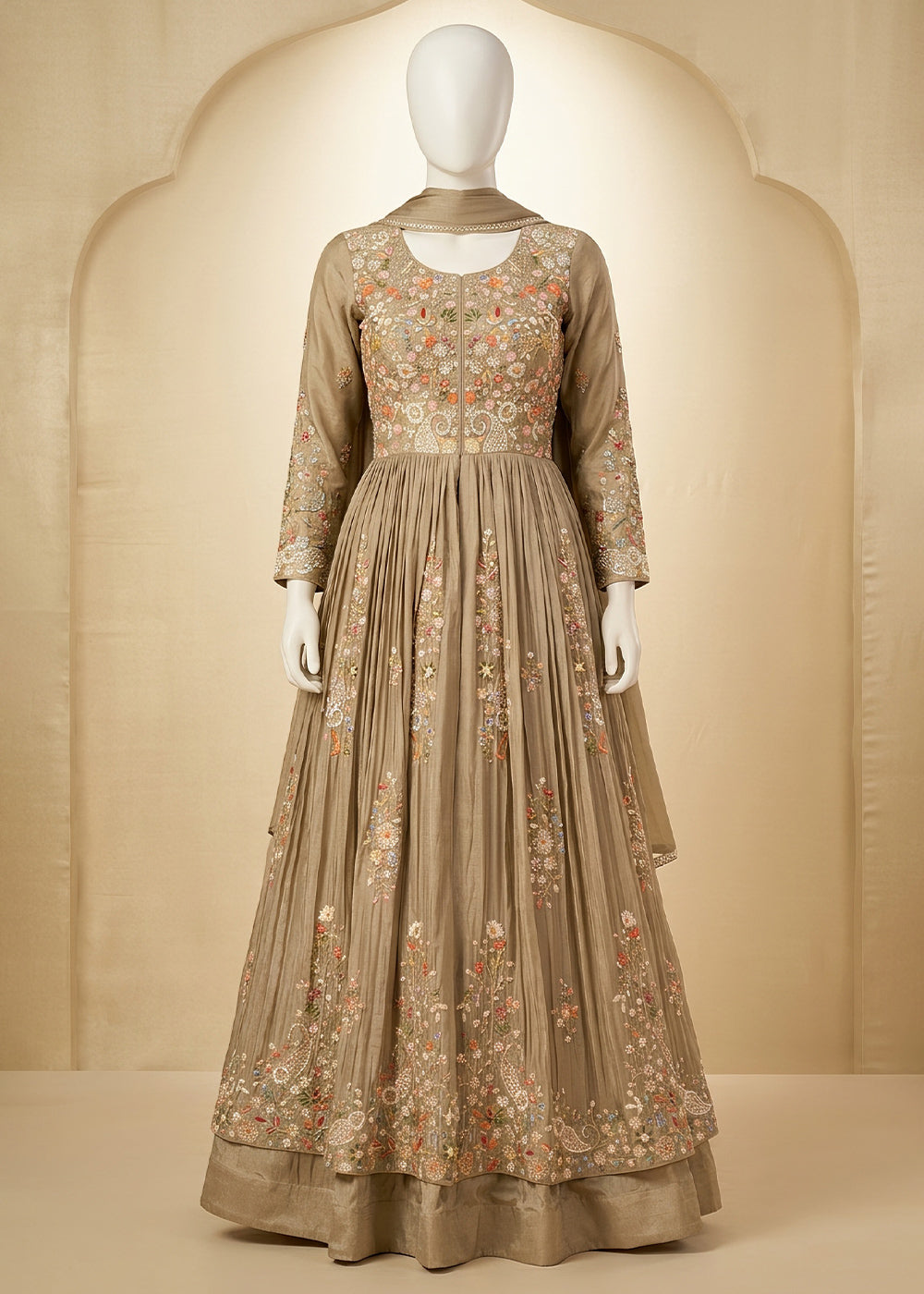 Light Brown Chinon Silk Anarkali Suit with Floral Thread Artistry