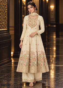 Champagne Beige Tissue Anarkali Palazzo Suit Set with Zari and Floral Threadwork