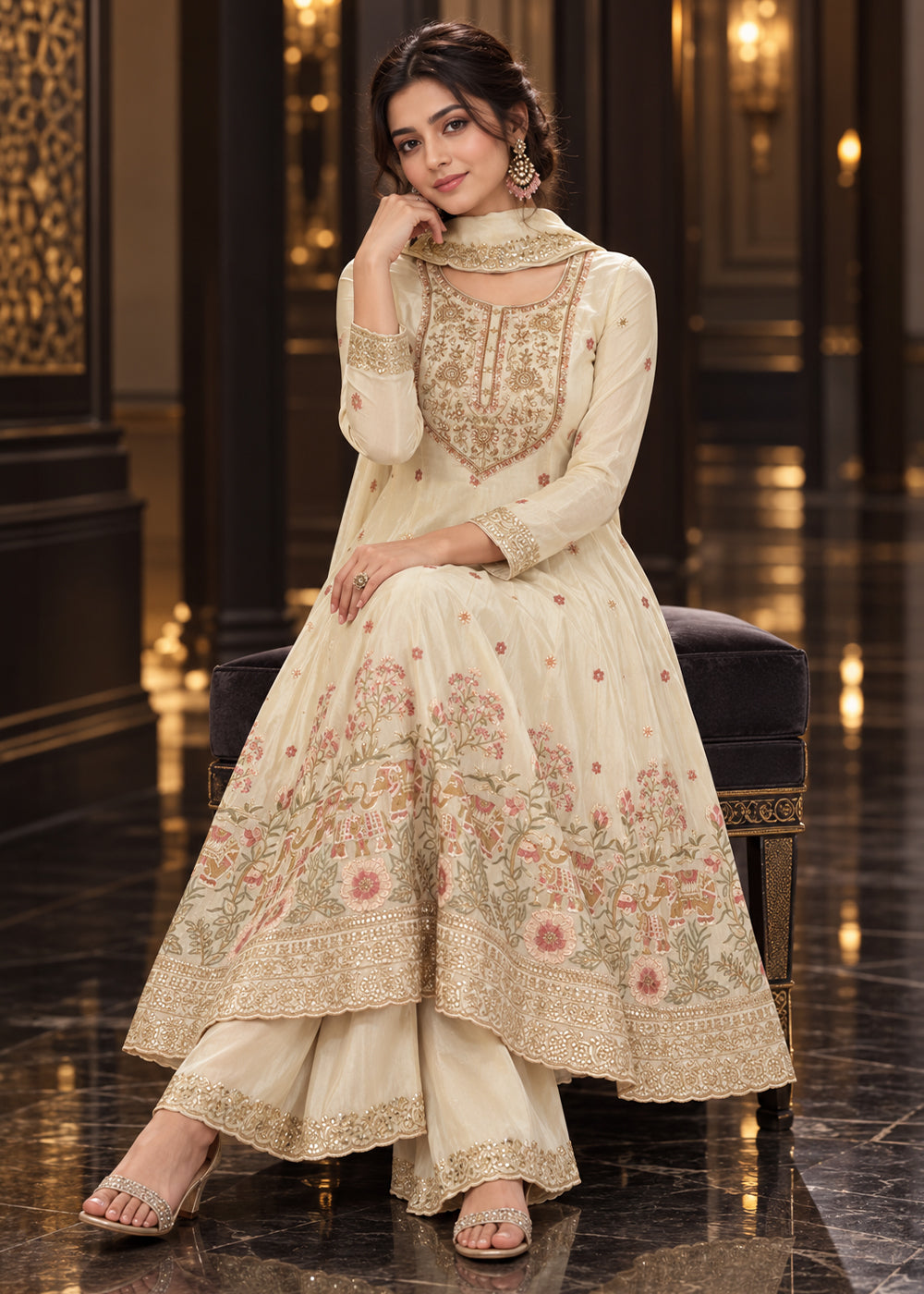 Champagne Beige Tissue Anarkali Palazzo Suit Set with Zari and Floral Threadwork
