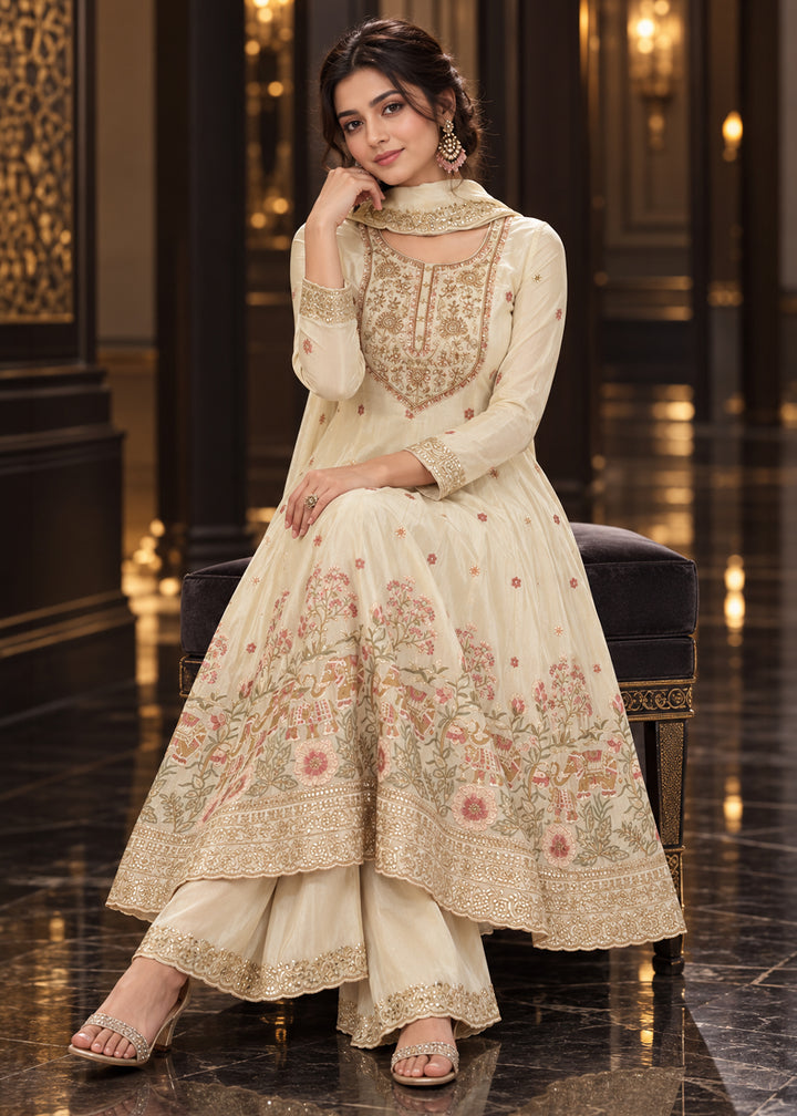 Champagne Beige Tissue Anarkali Palazzo Suit Set with Zari and Floral Threadwork