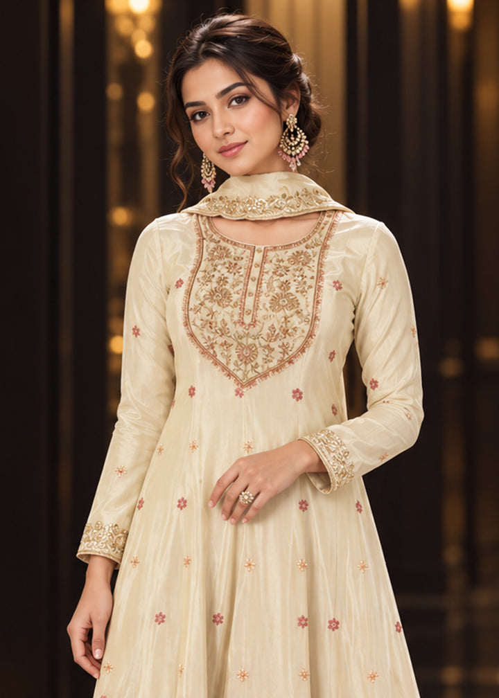 Champagne Beige Tissue Anarkali Palazzo Suit Set with Zari and Floral Threadwork