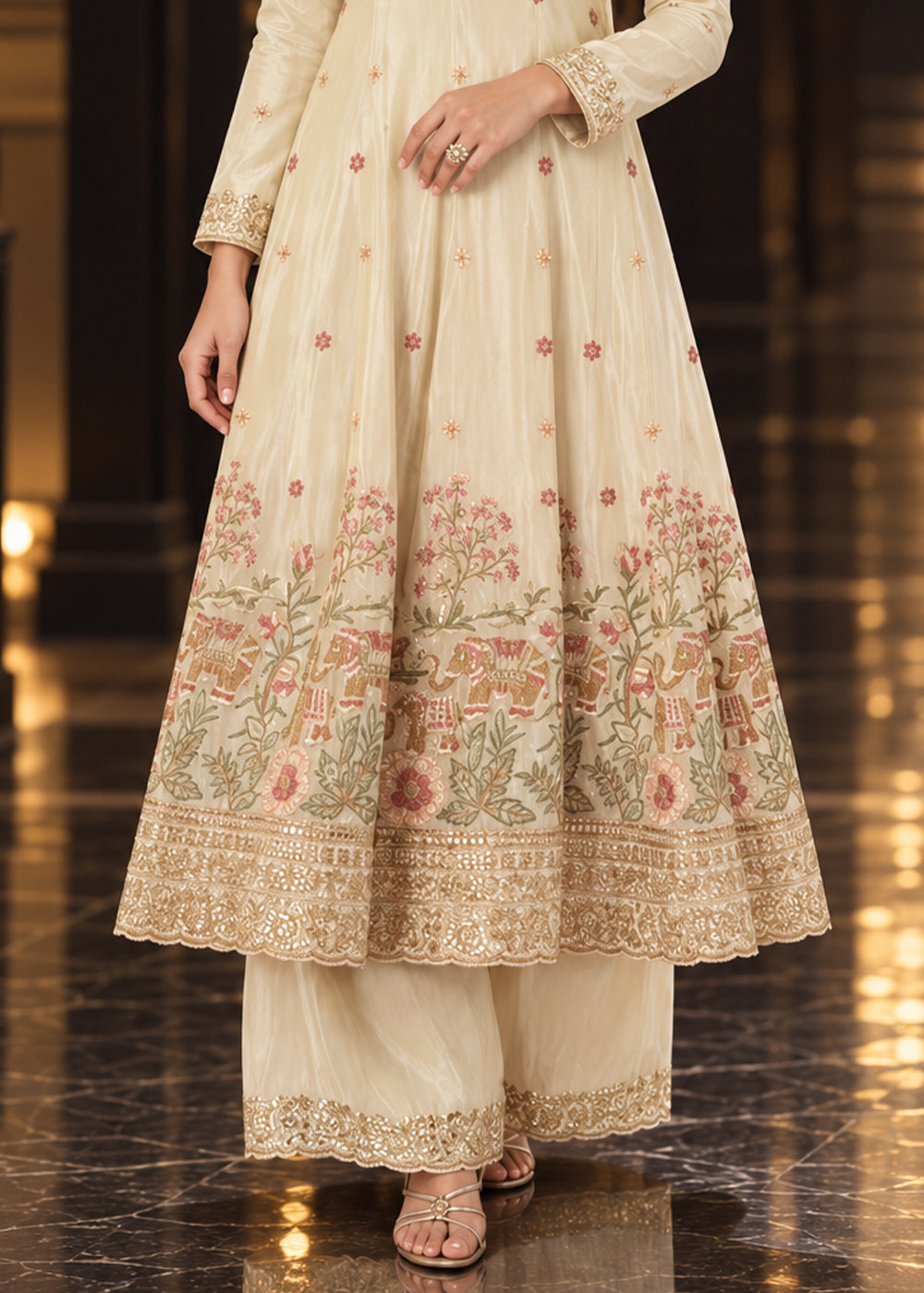 Champagne Beige Tissue Anarkali Palazzo Suit Set with Zari and Floral Threadwork