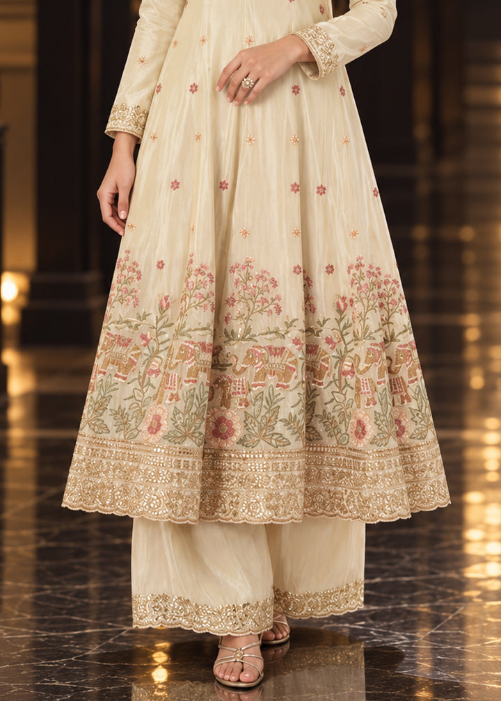 Champagne Beige Tissue Anarkali Palazzo Suit Set with Zari and Floral Threadwork