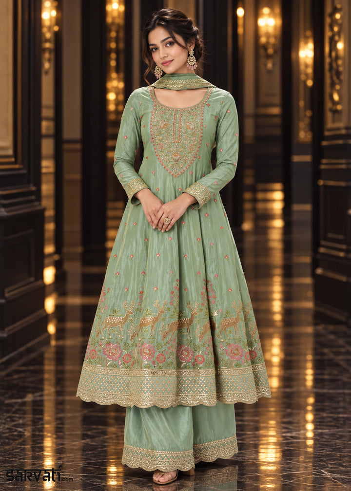 Sage Green Tissue Anarkali Palazzo Suit Set with Zari and Floral Threadwork