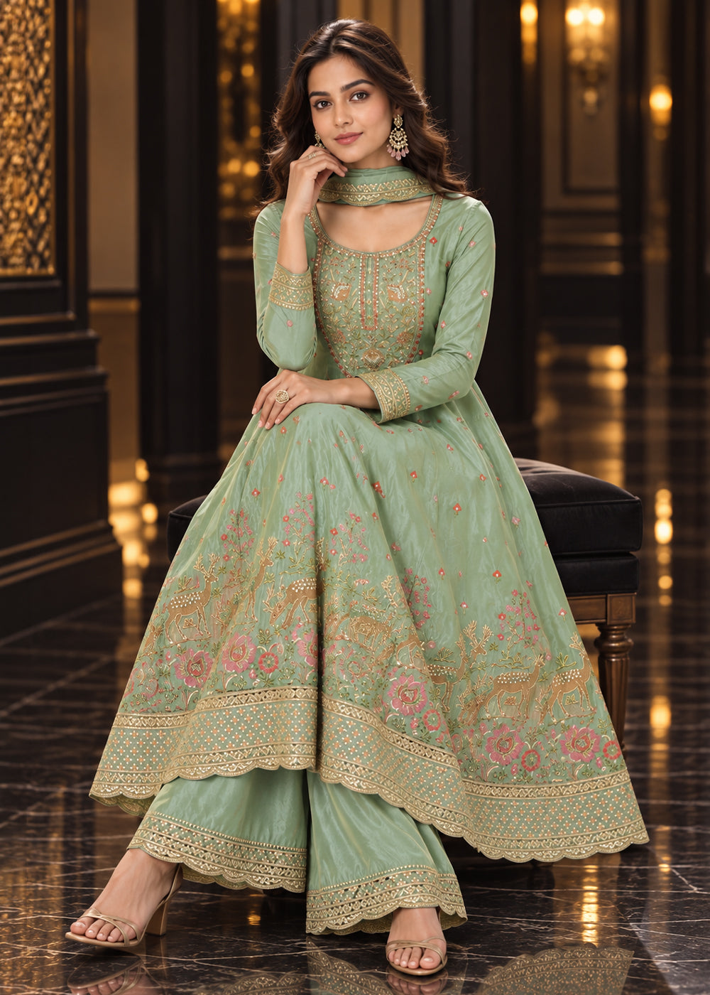 Sage Green Tissue Anarkali Palazzo Suit Set with Zari and Floral Threadwork