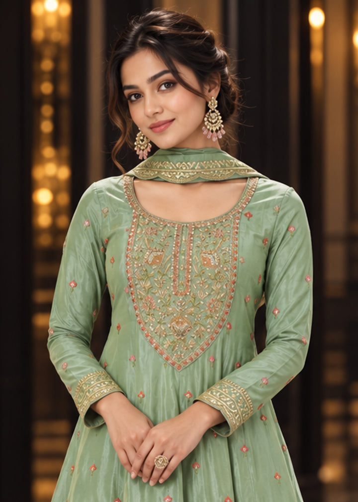 Sage Green Tissue Anarkali Palazzo Suit Set with Zari and Floral Threadwork