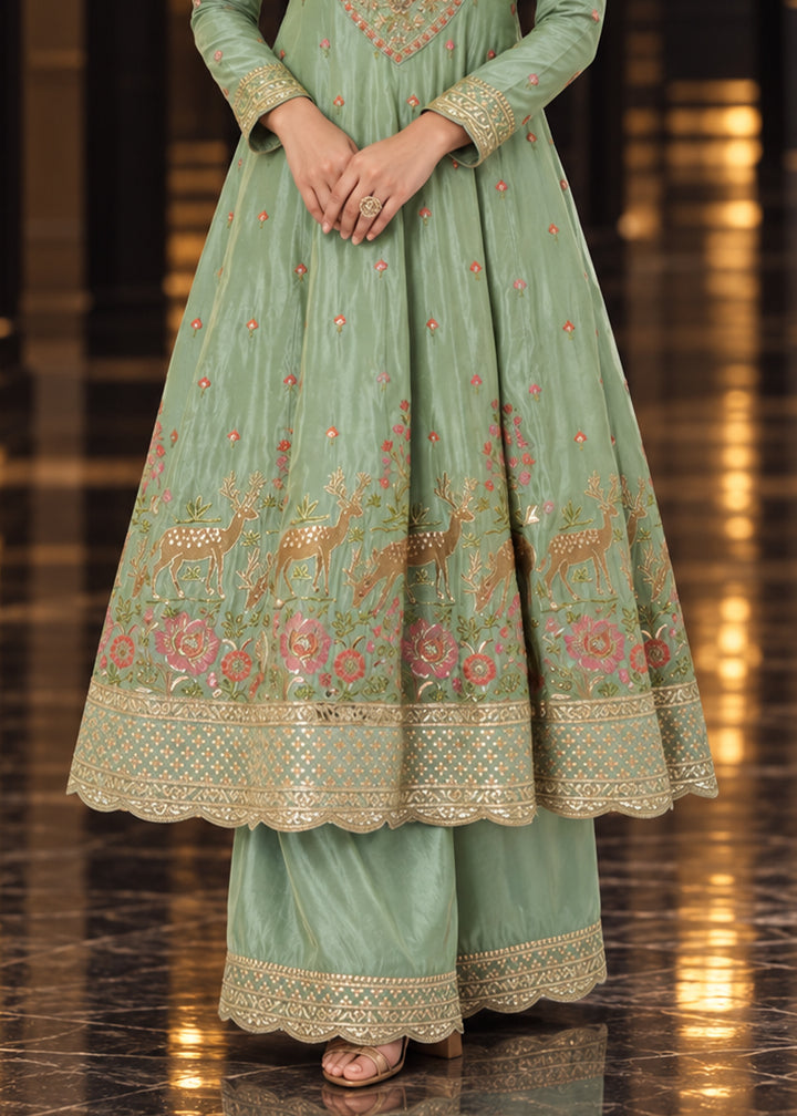 Sage Green Tissue Anarkali Palazzo Suit Set with Zari and Floral Threadwork