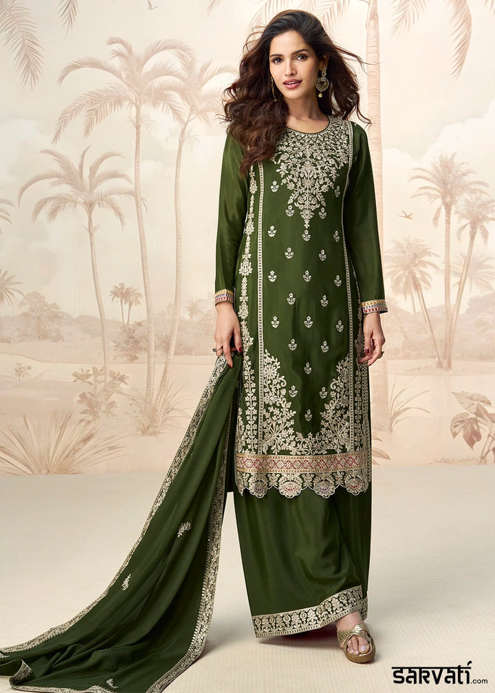 Juniper Green Chinon Silk Palazzo Suit with Designer Embroidery Work