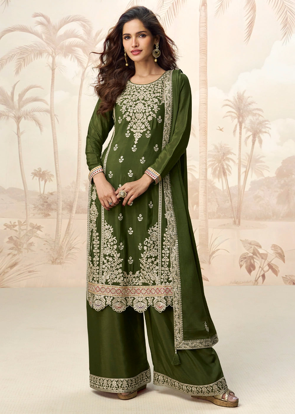 Juniper Green Chinon Silk Palazzo Suit with Designer Embroidery Work
