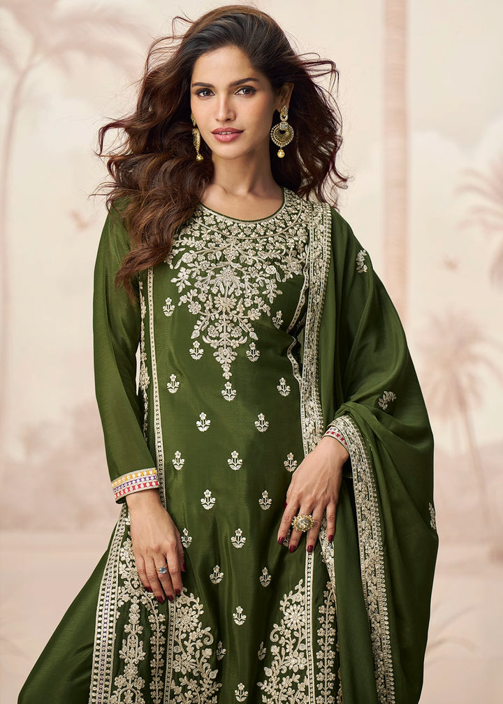 Juniper Green Chinon Silk Palazzo Suit with Designer Embroidery Work