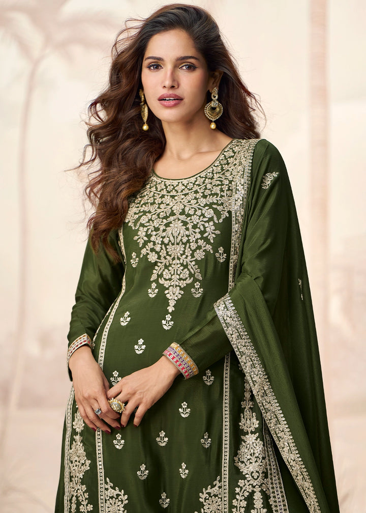 Juniper Green Chinon Silk Palazzo Suit with Designer Embroidery Work