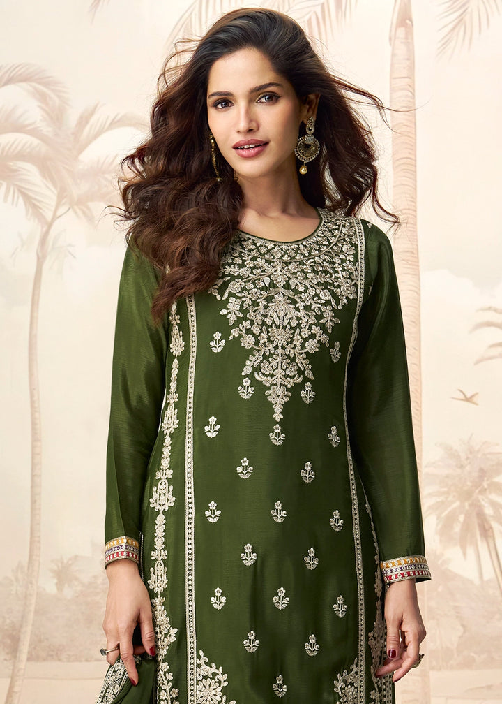 Juniper Green Chinon Silk Palazzo Suit with Designer Embroidery Work