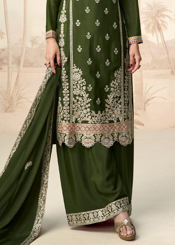 Juniper Green Chinon Silk Palazzo Suit with Designer Embroidery Work