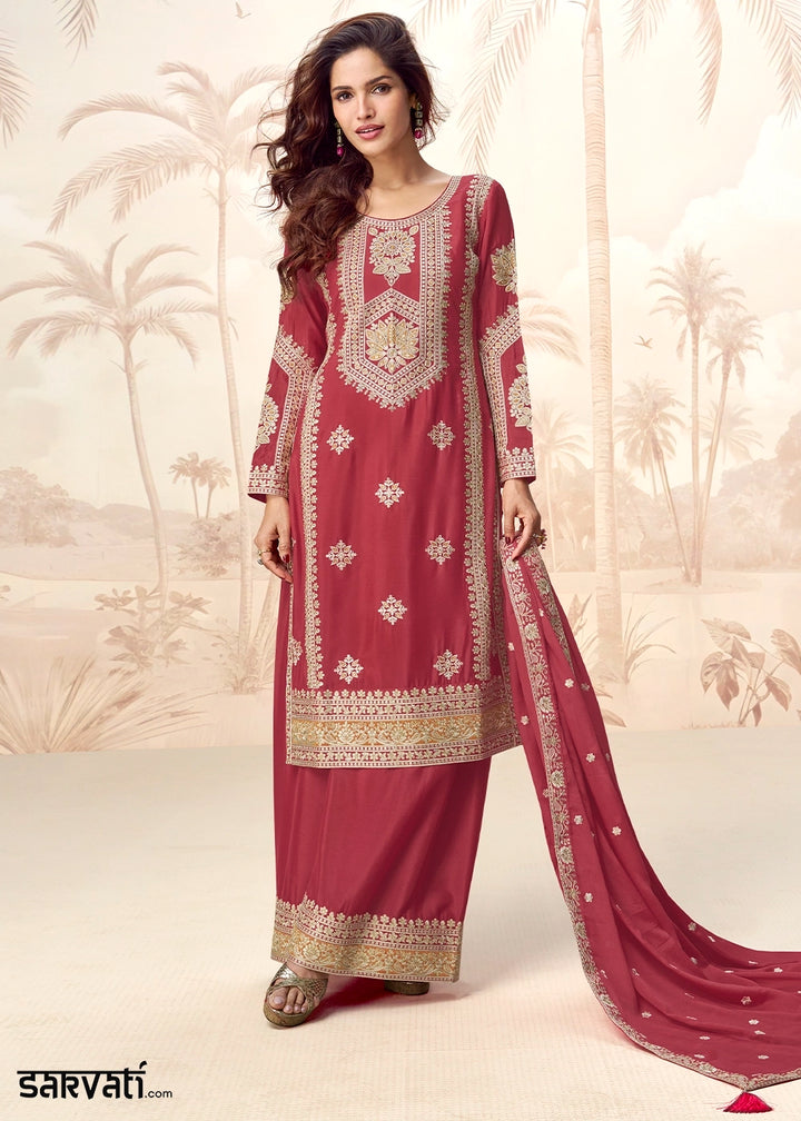 Rust Brown Chinon Silk Palazzo Suit with Designer Embroidery Work