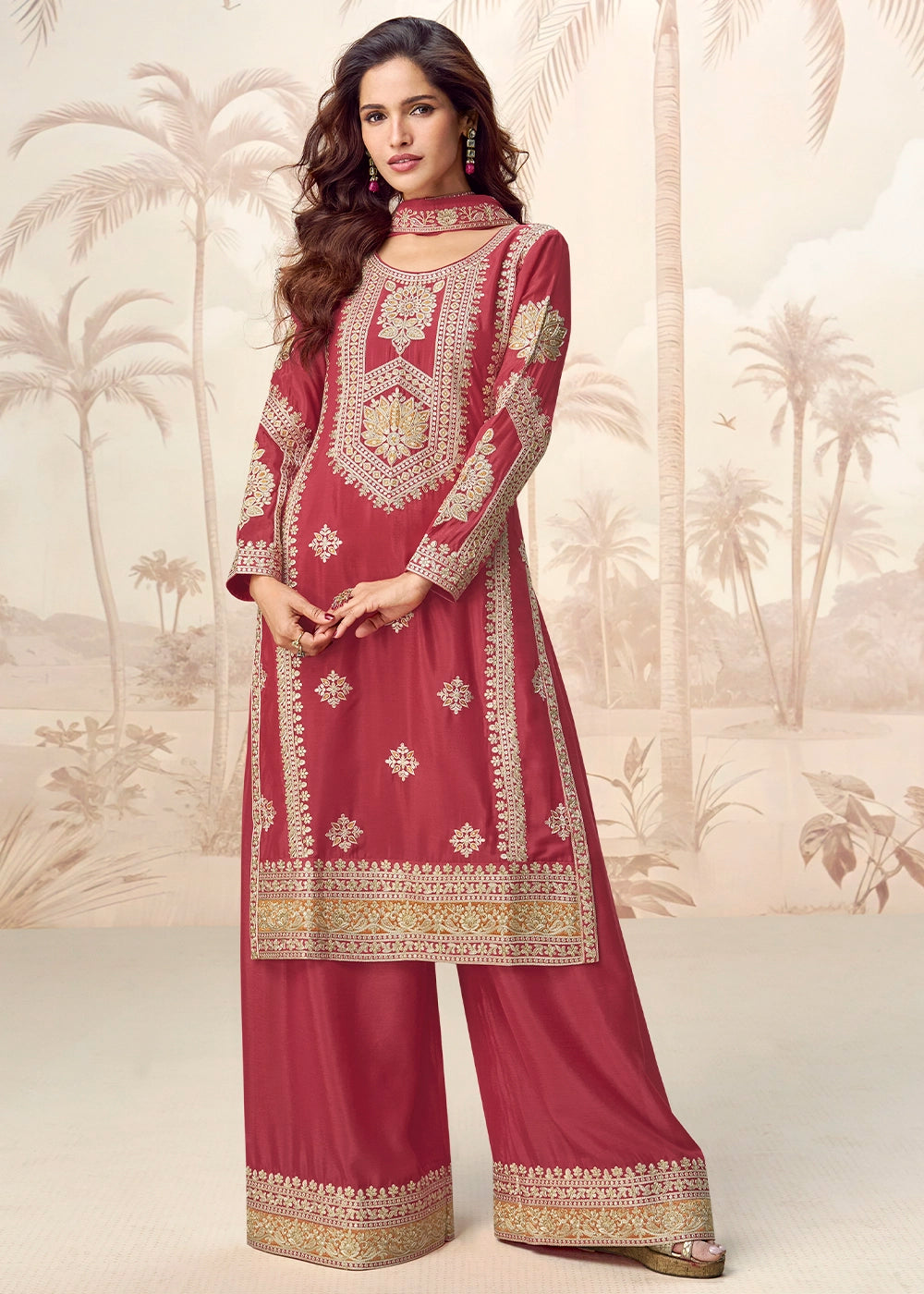 Rust Brown Chinon Silk Palazzo Suit with Designer Embroidery Work