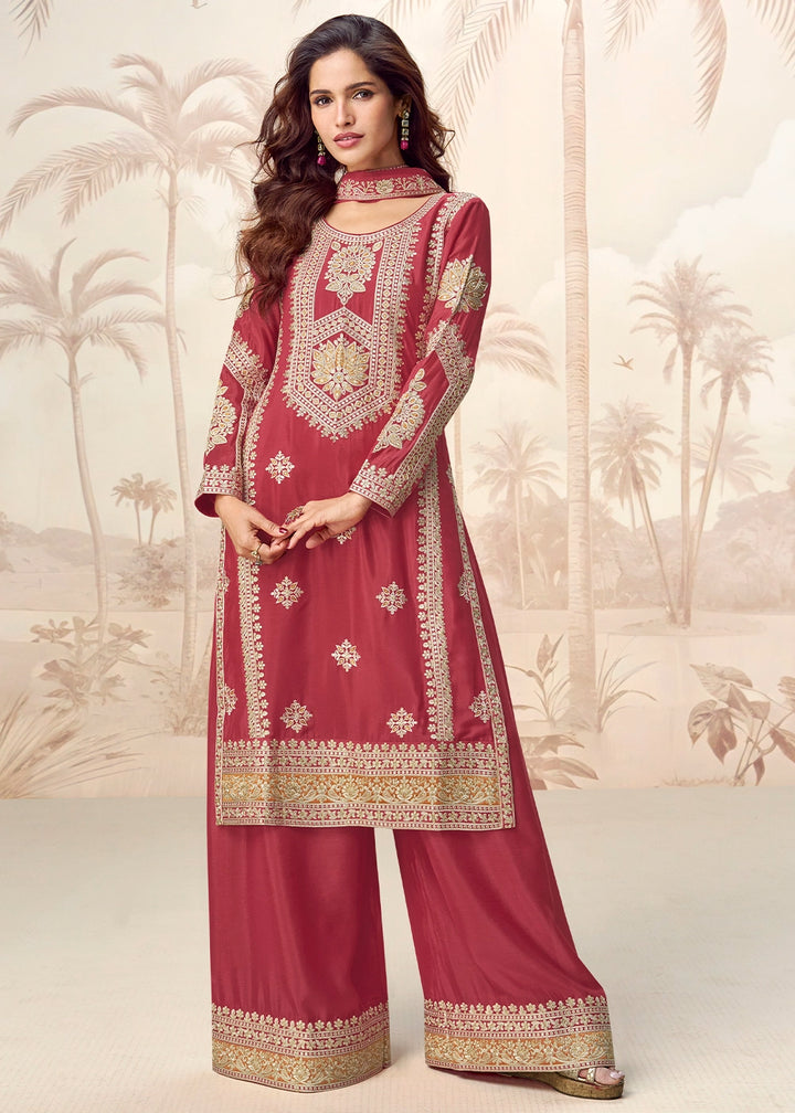 Rust Brown Chinon Silk Palazzo Suit with Designer Embroidery Work