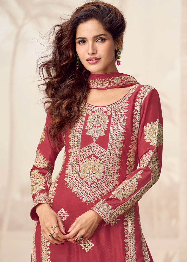 Rust Brown Chinon Silk Palazzo Suit with Designer Embroidery Work