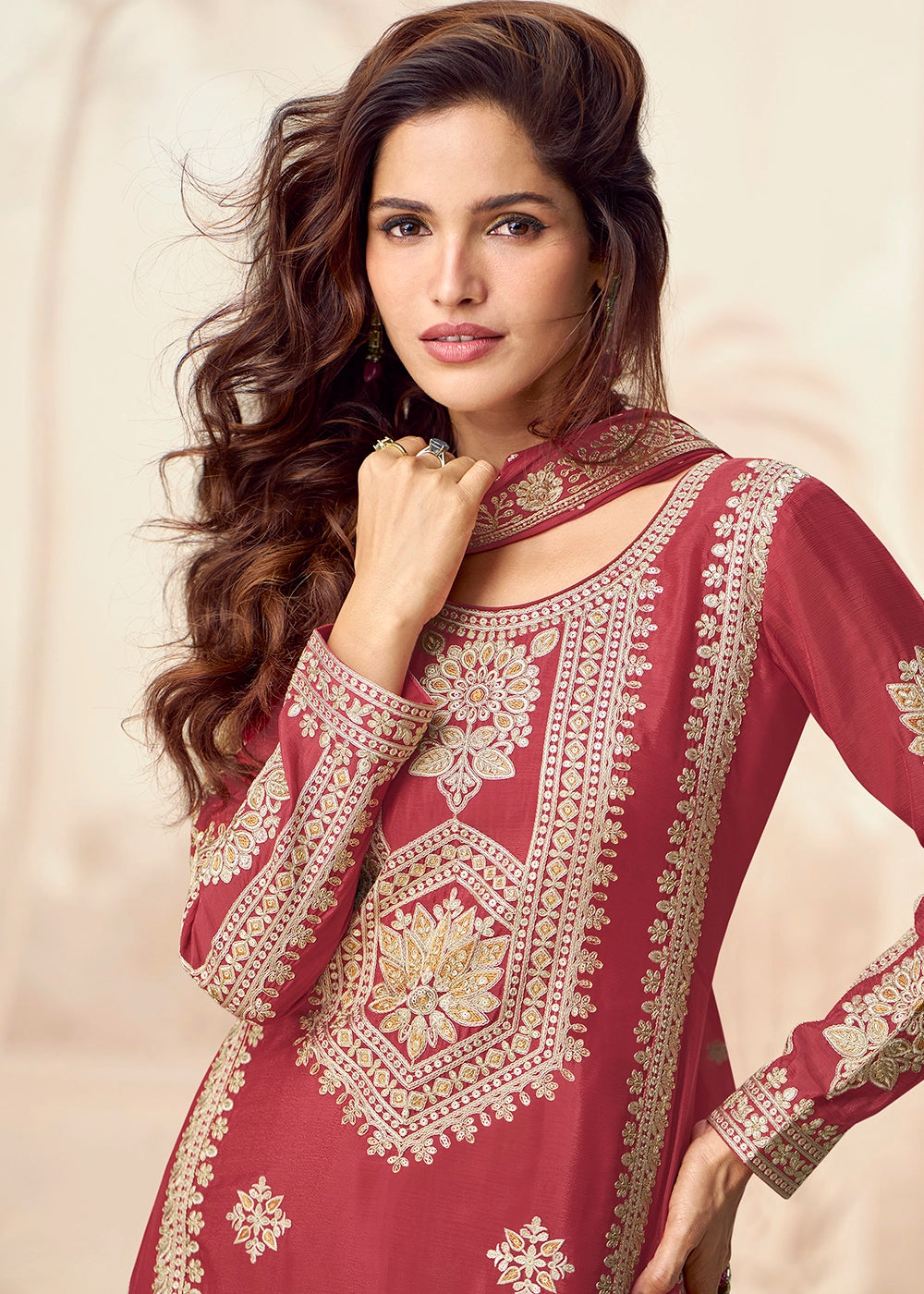 Rust Brown Chinon Silk Palazzo Suit with Designer Embroidery Work