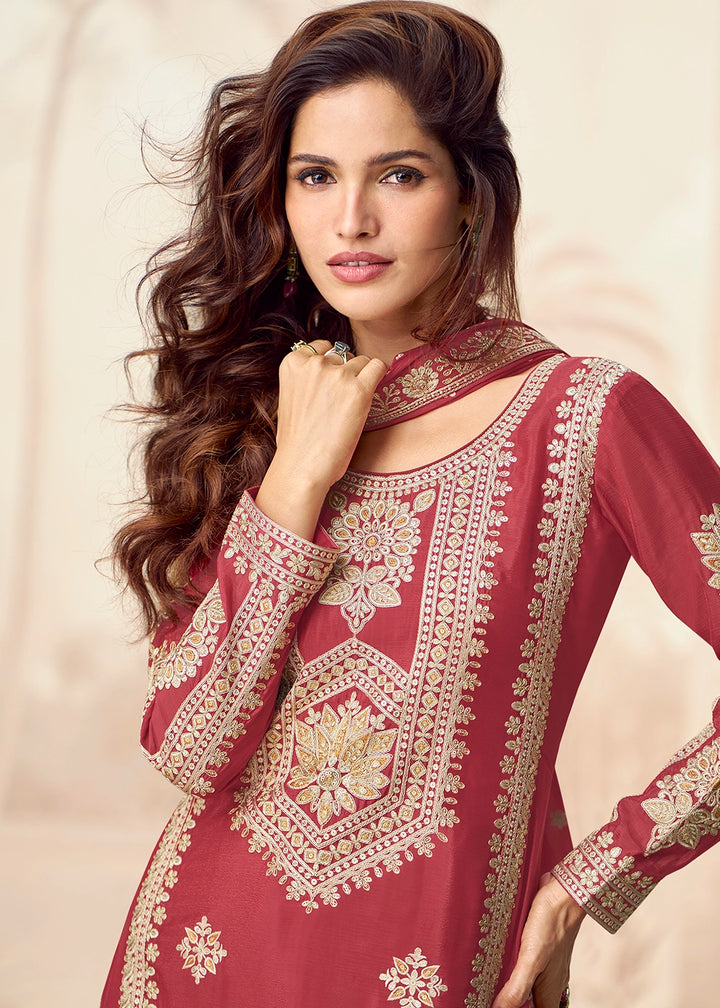 Rust Brown Chinon Silk Palazzo Suit with Designer Embroidery Work