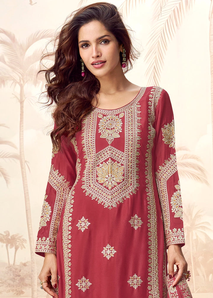 Rust Brown Chinon Silk Palazzo Suit with Designer Embroidery Work