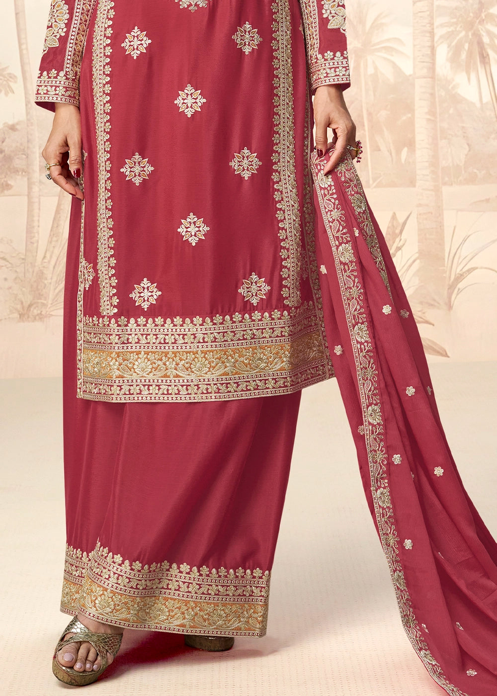 Rust Brown Chinon Silk Palazzo Suit with Designer Embroidery Work