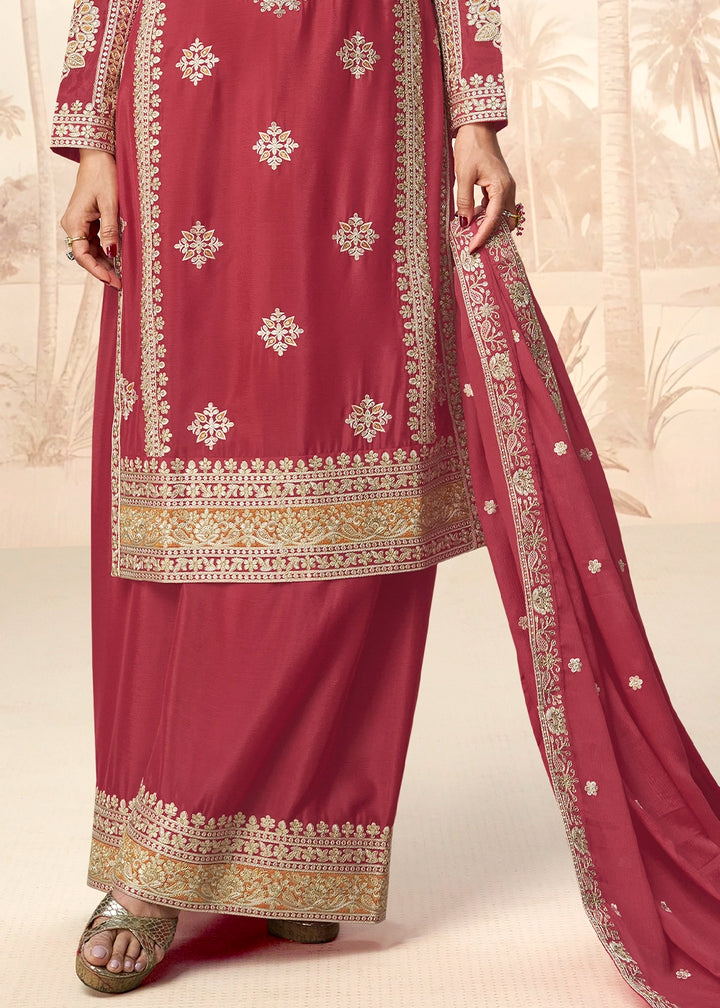 Rust Brown Chinon Silk Palazzo Suit with Designer Embroidery Work