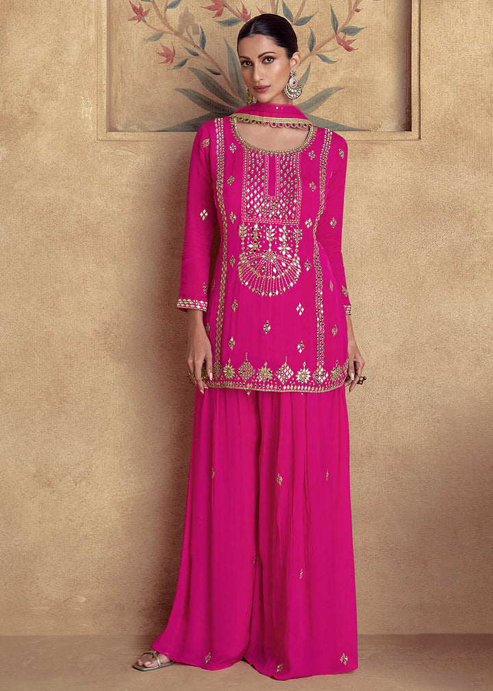 Hot Pink Designer Palazzo Suit with Intricate Embroidery