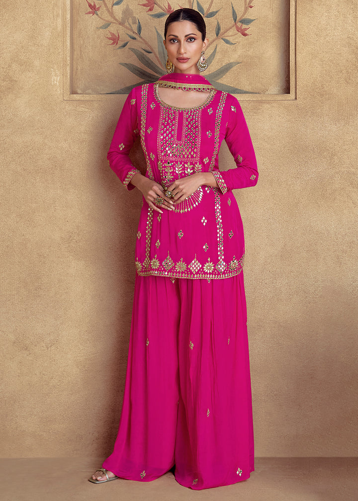 Hot Pink Designer Palazzo Suit with Intricate Embroidery