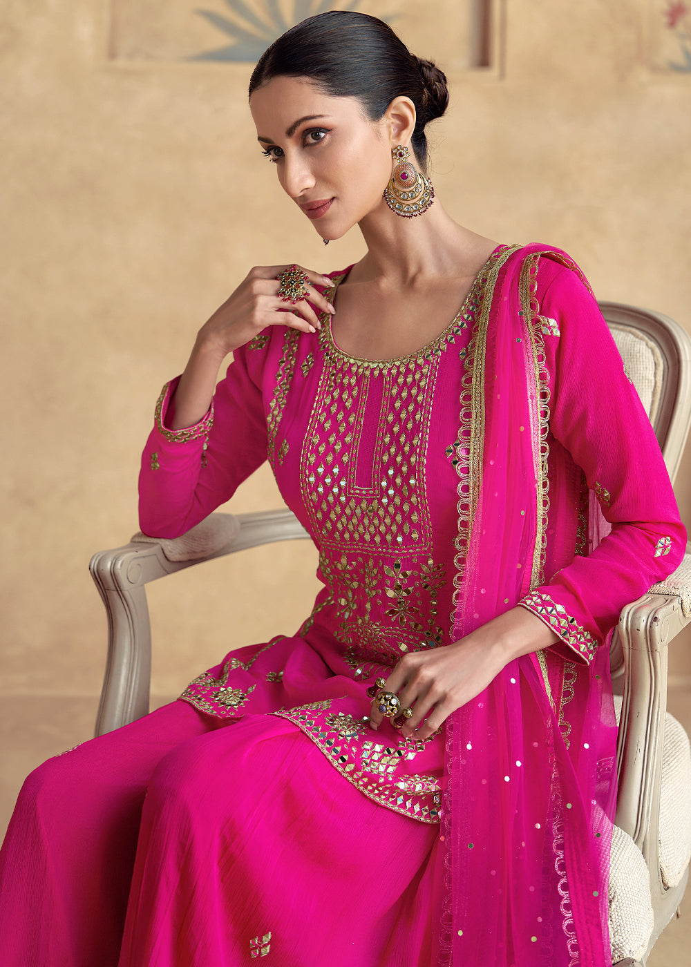 Hot Pink Designer Palazzo Suit with Intricate Embroidery