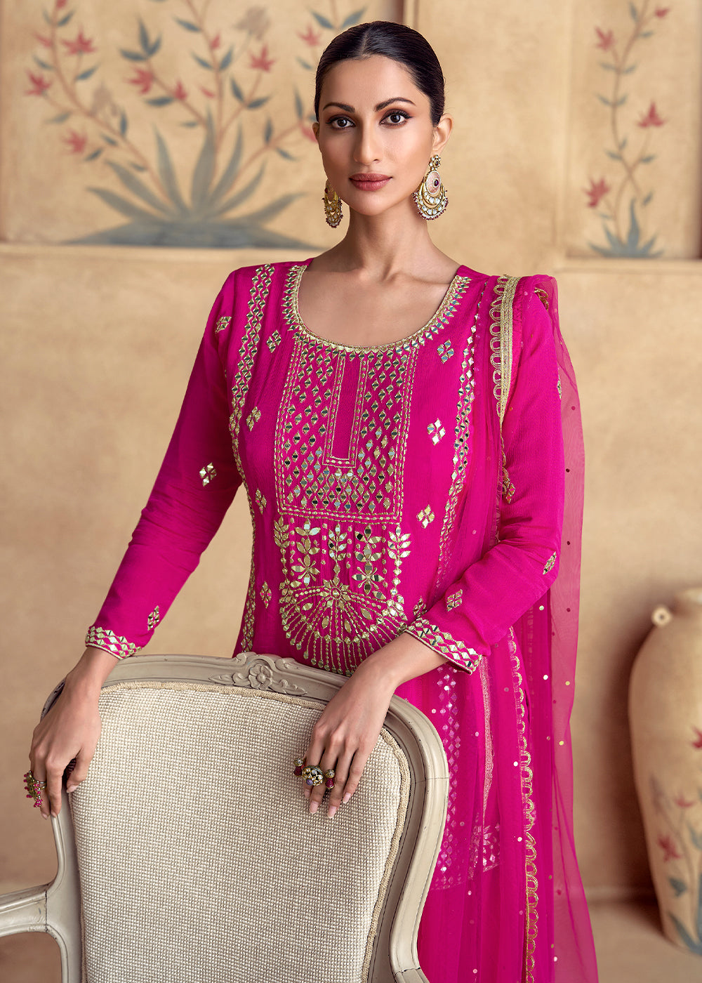 Hot Pink Designer Palazzo Suit with Intricate Embroidery