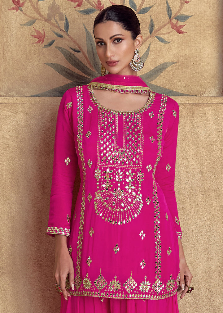 Hot Pink Designer Palazzo Suit with Intricate Embroidery