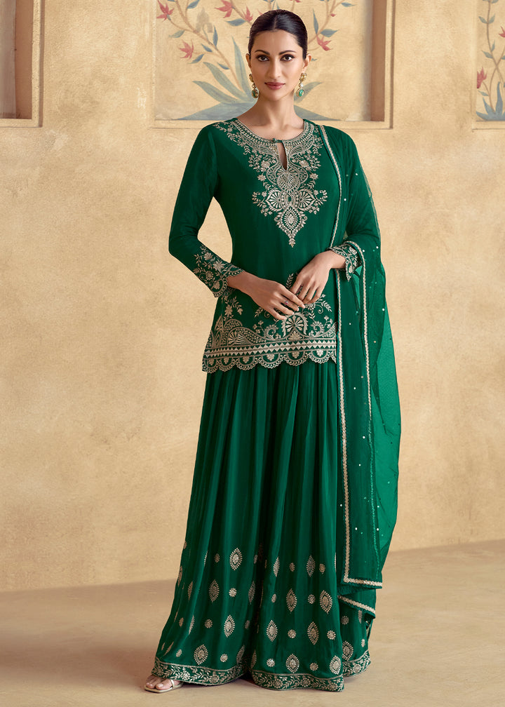 Phthalo Green Designer Palazzo Suit with Intricate Embroidery