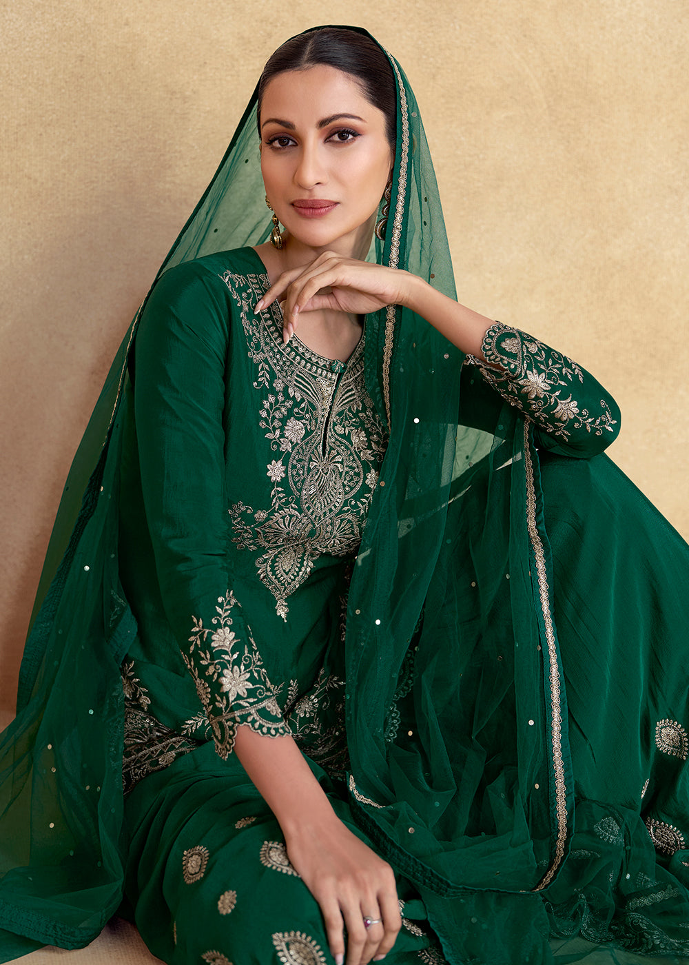 Phthalo Green Designer Palazzo Suit with Intricate Embroidery