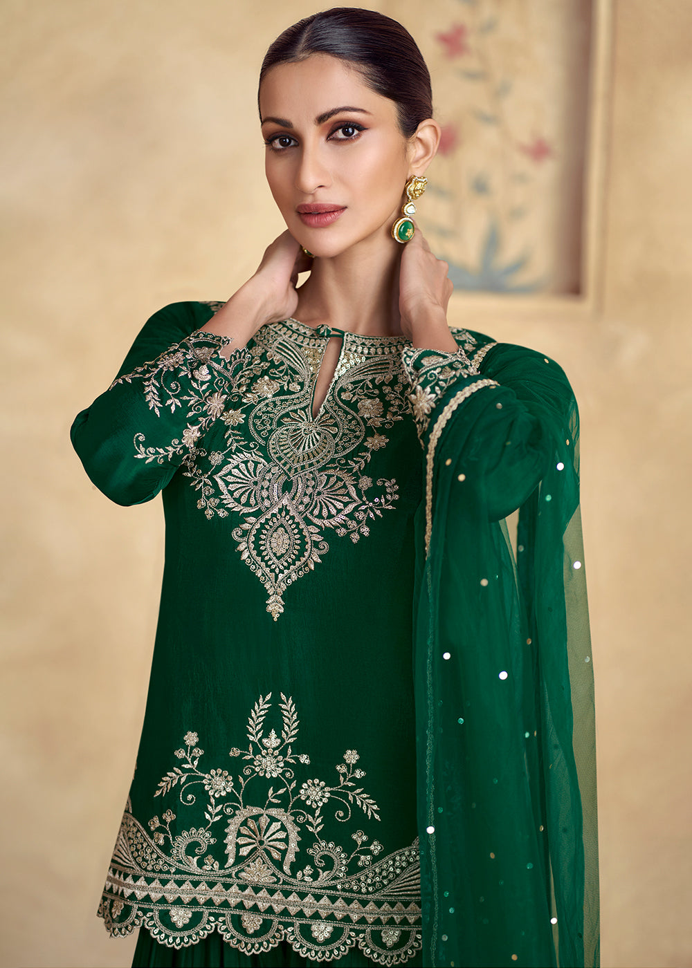 Phthalo Green Designer Palazzo Suit with Intricate Embroidery