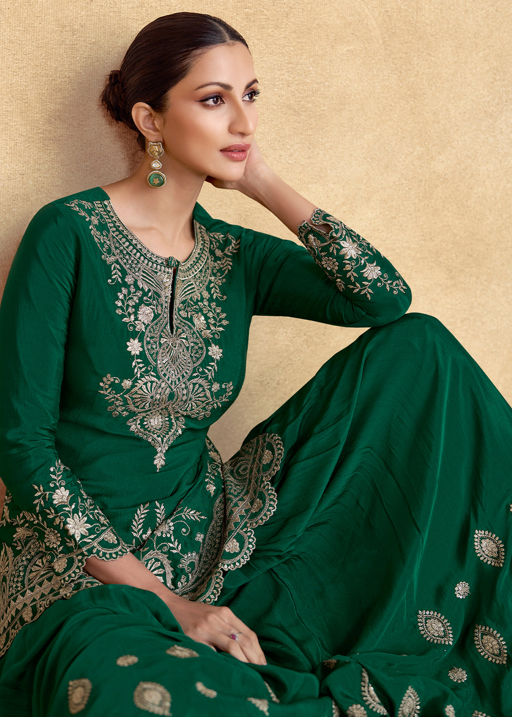 Phthalo Green Designer Palazzo Suit with Intricate Embroidery