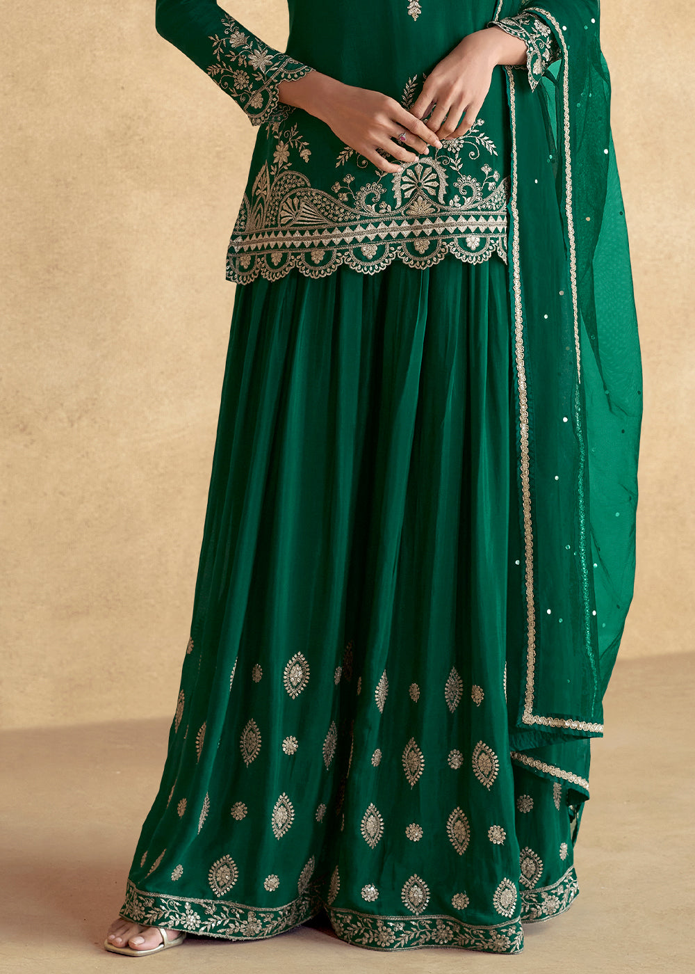 Phthalo Green Designer Palazzo Suit with Intricate Embroidery